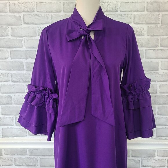 Purple Ruffled Chic Shift Dress NEW Glam Witchy Vibes Bowtie Long Sleeve Large - Picture 2 of 8